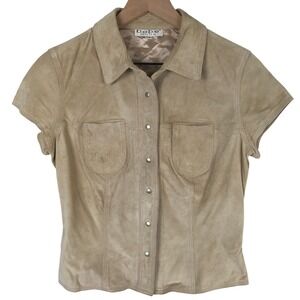 VTG BEBE MODA Suede Leather Snap Shirt Women's M Tan Short Sleeve Fitted